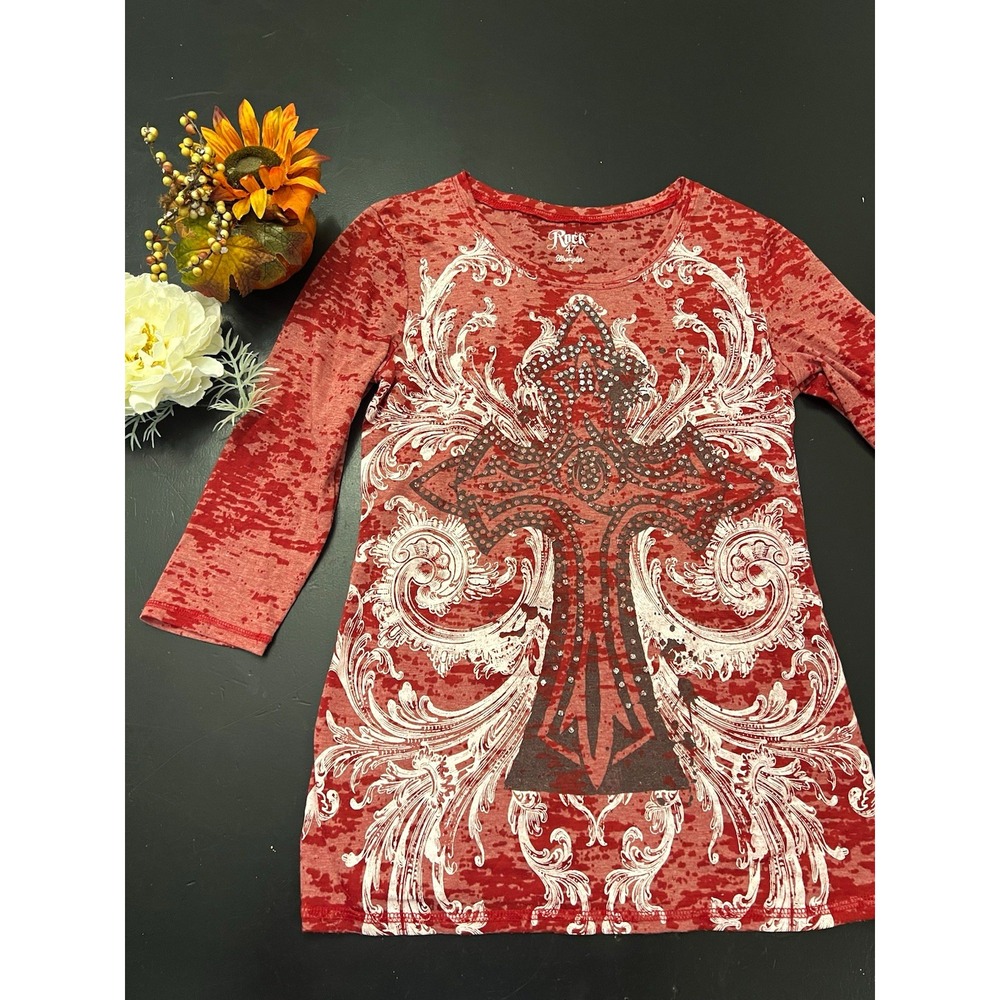 Rock 47 Wrangler Y2K Red Western Cross Glitter Scroll 3/4 Sleeve Burnout Top S